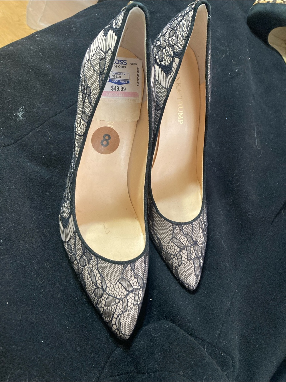 Ivanka Trump Black Lace Pointed Pumps with Nude Lining